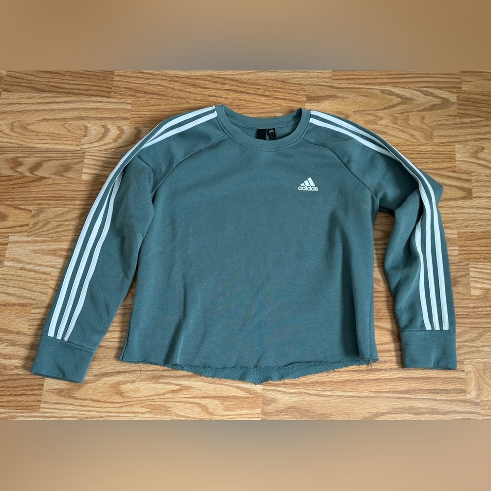 Adidas Cropped Sweatshirt Women’s Large Green 3-Stripe Crewneck Pullover